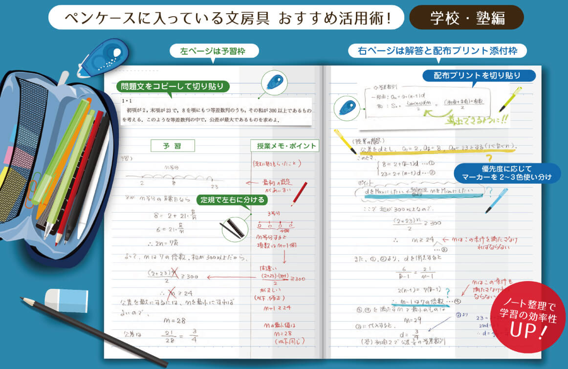 ペンケースに入っている文房具でおすすめなノート作成方法!学校・塾編
