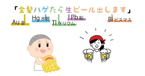 元素記号の語呂合わせ「金髪禿げたら生ビール出します」