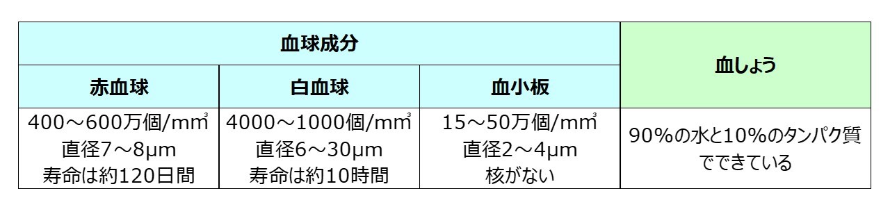 血液成分の表